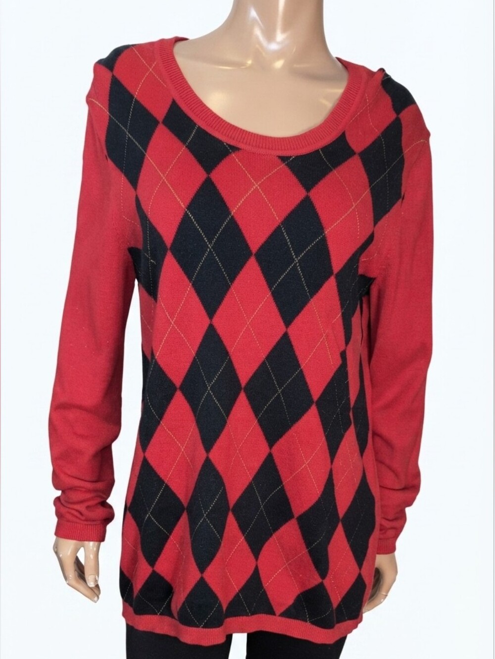 Tommy Hilfiger Argyle Tunic Sweater Womens Size XL Cotton Red Navy Blue Gold